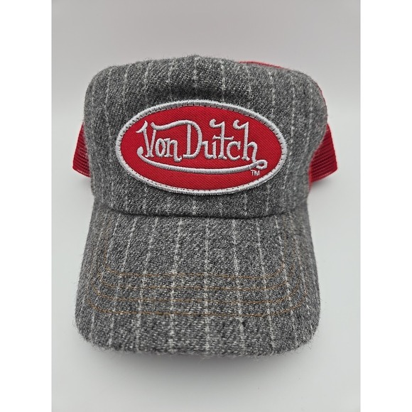 Von Dutch Other - Vintage Von Dutch Red & Gray Striped SnapBack Trucker Hat & Patch Wool Blend